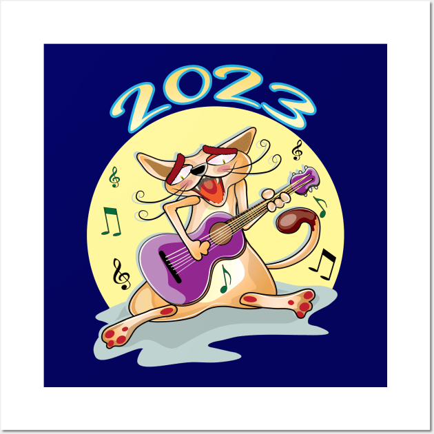 Happy New Year 2023 Cat Playing Guitar Wall Art by ArticArtac